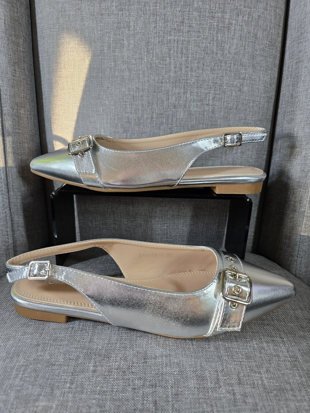 TOP Moda 'Garner' Metallic Silver Buckle Slingback Flats